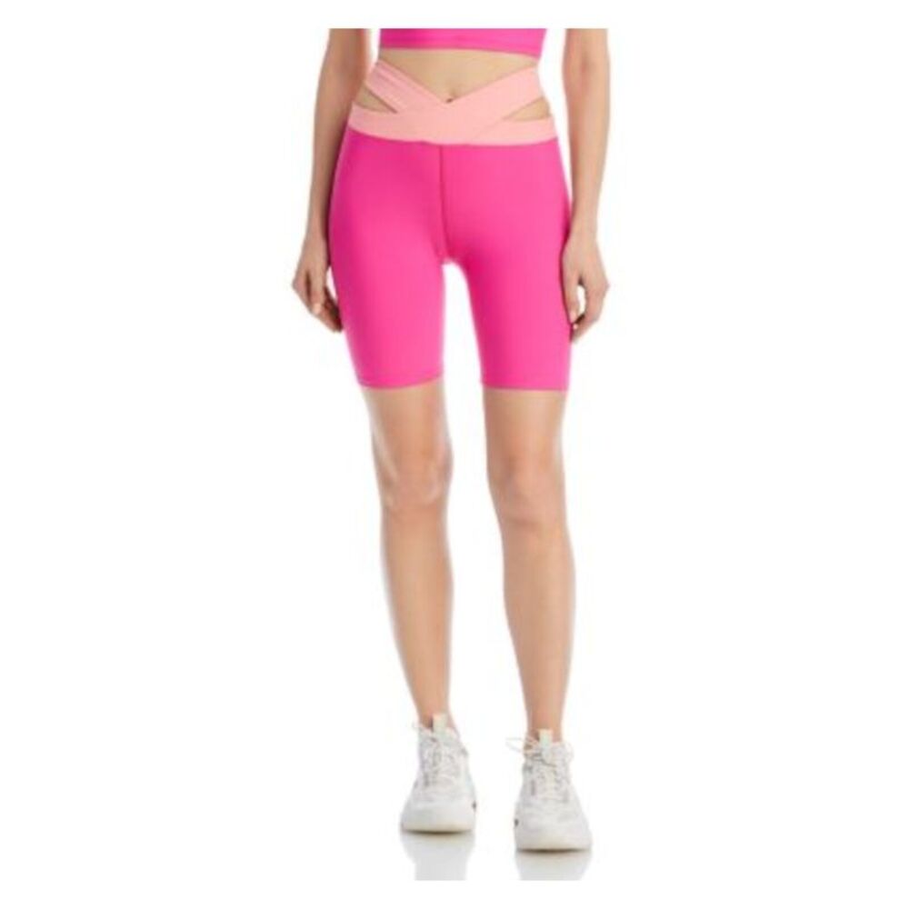 AQUA ATHLETIC Womens Pink Crisscross High Waistband Active Wear BikeShorts L